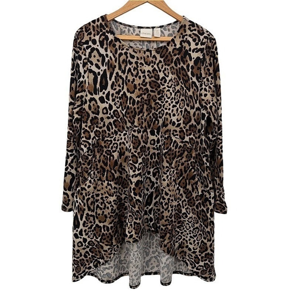 Chicos‎ Leopard Animal Print High-Low Tunic Top Brown Bold Oversized Size 2/MD
